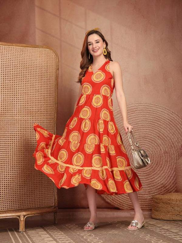 Geometric Printed Pure Cotton A-Line Ethnic Dress - Orange