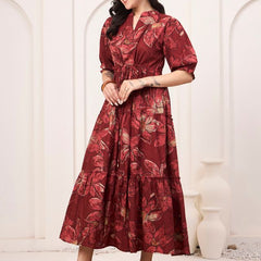 Floral Printed Pure Cotton Fit & Flare Ethnic Dress – Red