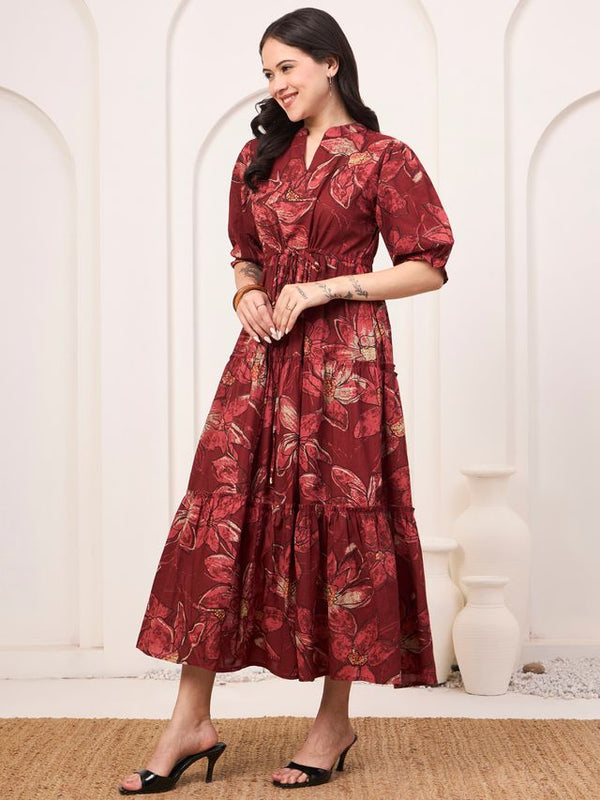 Floral Printed Pure Cotton Fit & Flare Ethnic Dress – Red