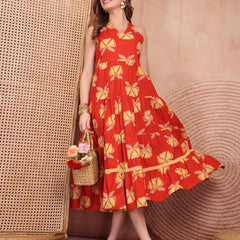 Geometric Printed Pure Cotton A-Line Ethnic Dress - Orange