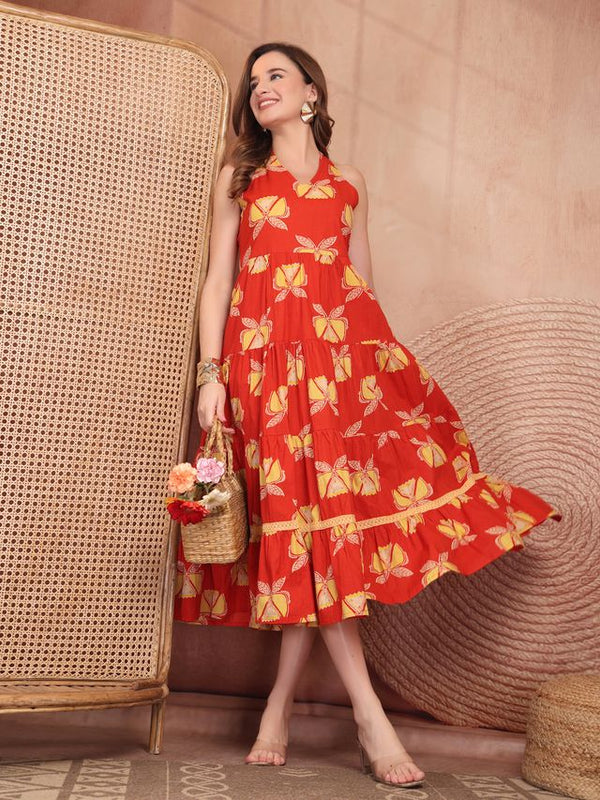 Geometric Printed Pure Cotton A-Line Ethnic Dress - Orange