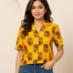 Floral Printed Cotton Shirt Style Crop Top