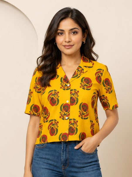 Floral Printed Cotton Shirt Style Crop Top