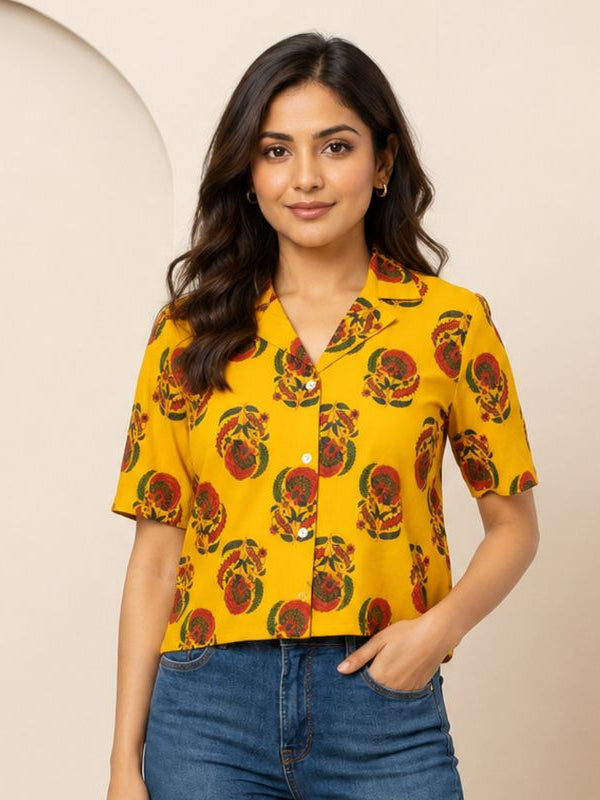 Floral Printed Cotton Shirt Style Crop Top