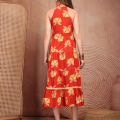 Geometric Printed Pure Cotton A-Line Ethnic Dress - Orange