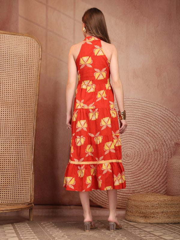 Geometric Printed Pure Cotton A-Line Ethnic Dress - Orange