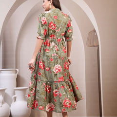 Floral Printed Pure Cotton Mandarin Collar Fit and Flare Dress