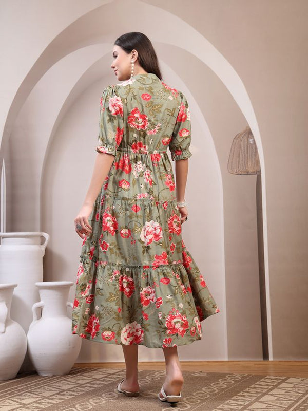 Floral Printed Pure Cotton Mandarin Collar Fit and Flare Dress