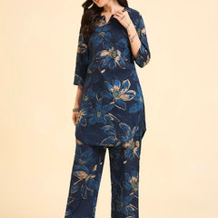 Floral Printed Pure Cotton Co-Ord Set with Palazzo – Blue