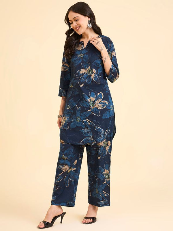 Floral Printed Pure Cotton Co-Ord Set with Palazzo – Blue