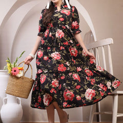 Floral Printed Pure Cotton Mandarin Collar Fit and Flare Dress
