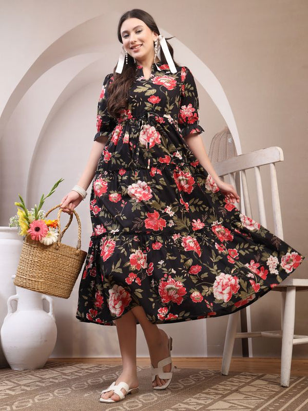 Floral Printed Pure Cotton Mandarin Collar Fit and Flare Dress
