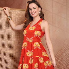 Geometric Printed Pure Cotton A-Line Ethnic Dress - Orange