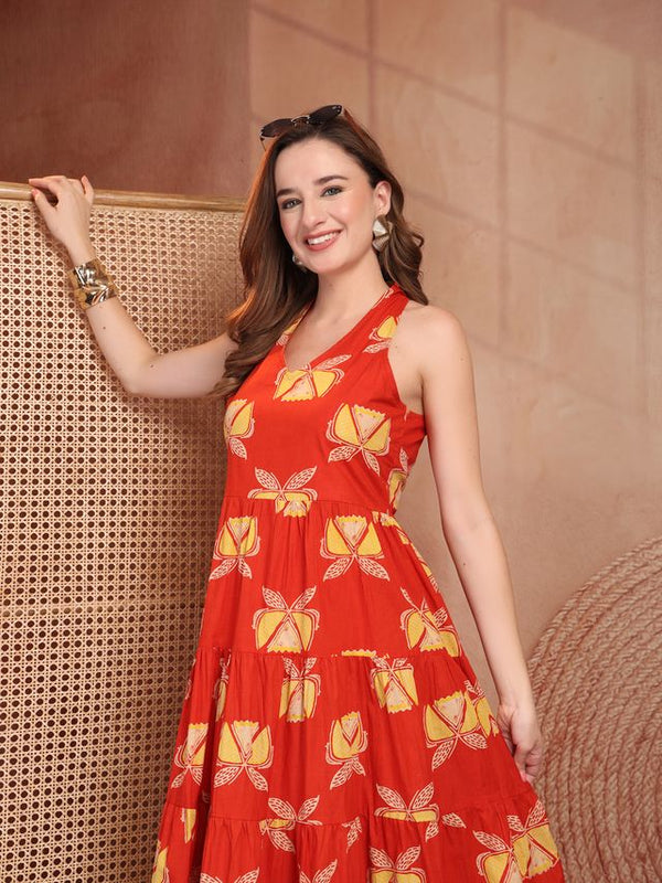 Geometric Printed Pure Cotton A-Line Ethnic Dress - Orange