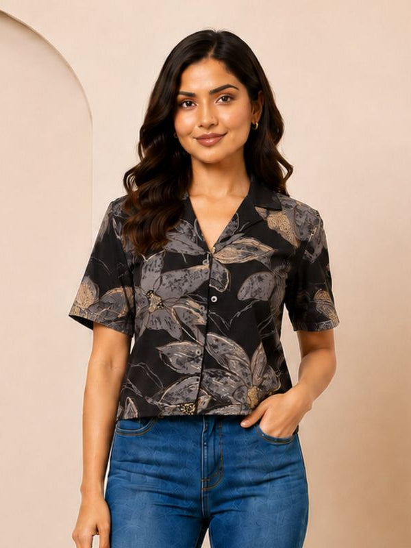 Floral Print Cotton Shirt Style Top