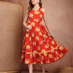 Geometric Printed Pure Cotton A-Line Ethnic Dress - Orange