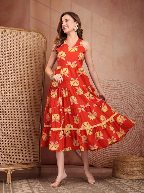 Geometric Printed Pure Cotton A-Line Ethnic Dress - Orange
