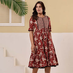 Floral Printed V-Neck Pure Cotton Fit & Flare Dress