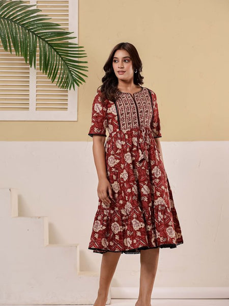 Floral Printed V-Neck Pure Cotton Fit & Flare Dress