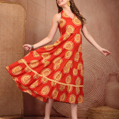 Geometric Printed Pure Cotton A-Line Ethnic Dress - Orange