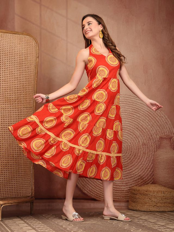Geometric Printed Pure Cotton A-Line Ethnic Dress - Orange