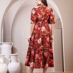 Floral Printed Pure Cotton Mandarin Collar Fit and Flare Dress