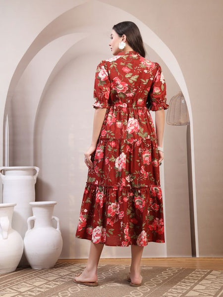 Floral Printed Pure Cotton Mandarin Collar Fit and Flare Dress