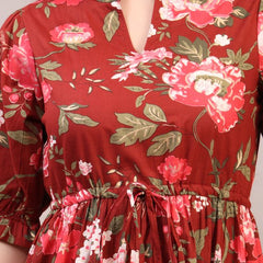 Floral Printed Pure Cotton Mandarin Collar Fit and Flare Dress