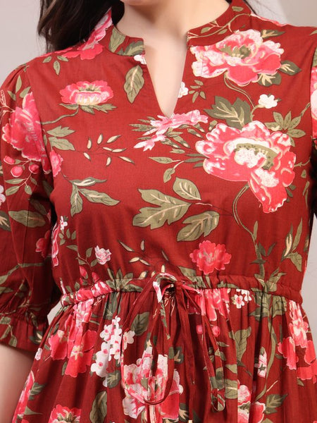 Floral Printed Pure Cotton Mandarin Collar Fit and Flare Dress
