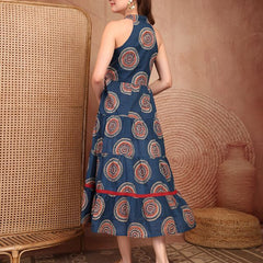 Geometric Printed Pure Cotton A-Line Ethnic Dress - Blue