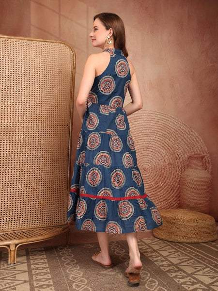 Geometric Printed Pure Cotton A-Line Ethnic Dress - Blue