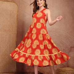 Geometric Printed Pure Cotton A-Line Ethnic Dress - Orange