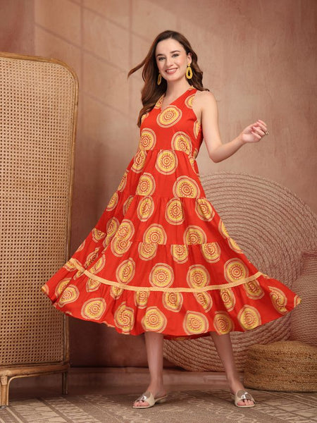 Geometric Printed Pure Cotton A-Line Ethnic Dress - Orange