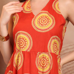 Geometric Printed Pure Cotton A-Line Ethnic Dress - Orange