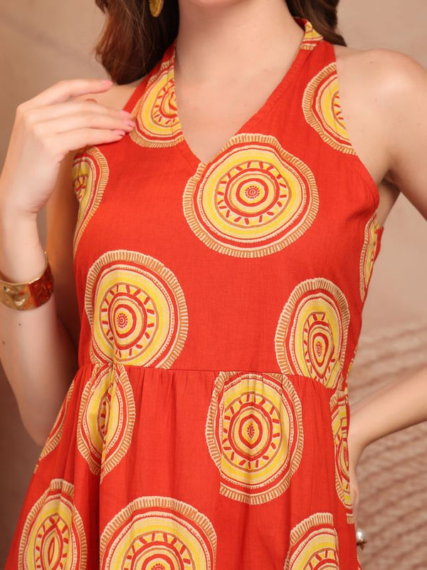 Geometric Printed Pure Cotton A-Line Ethnic Dress - Orange