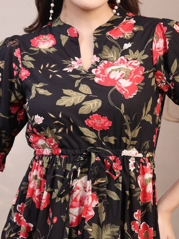 Floral Printed Pure Cotton Mandarin Collar Fit and Flare Dress