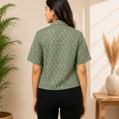 Geometric Print Cotton Lurex Shirt Style Crop Top