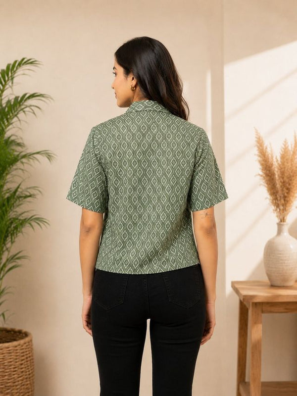 Geometric Print Cotton Lurex Shirt Style Crop Top