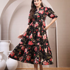 Floral Printed Pure Cotton Mandarin Collar Fit and Flare Dress