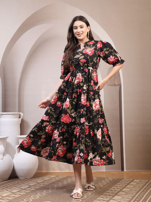 Floral Printed Pure Cotton Mandarin Collar Fit and Flare Dress