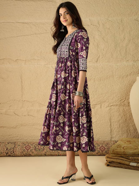 Women Floral Print Pure Cotton Fit and Flare Dress