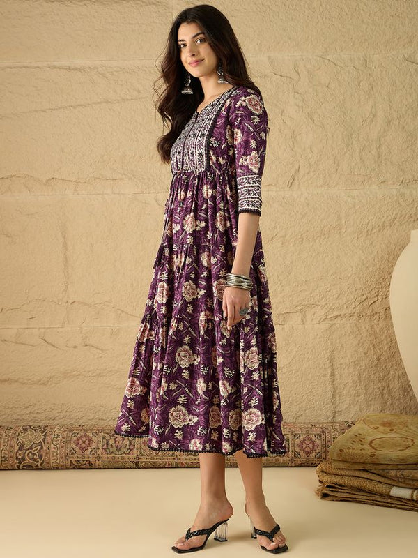 Women Floral Print Pure Cotton Fit and Flare Dress
