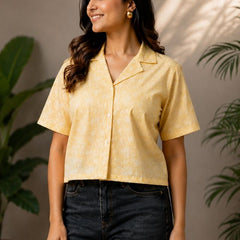 Printed Cotton Lurex Shirt Style Crop Top