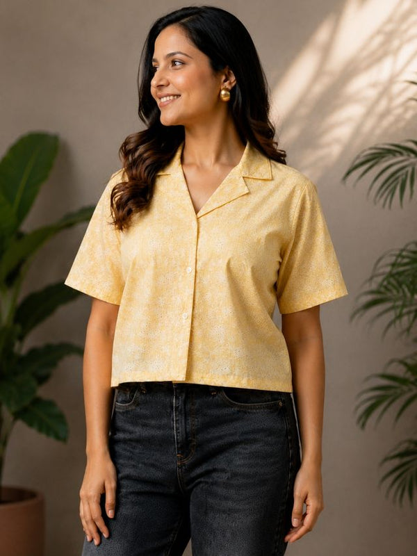 Printed Cotton Lurex Shirt Style Crop Top