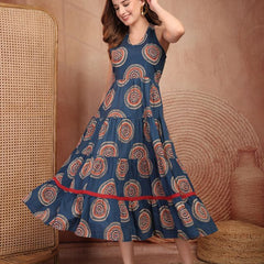 Geometric Printed Pure Cotton A-Line Ethnic Dress - Blue