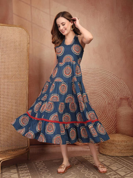 Geometric Printed Pure Cotton A-Line Ethnic Dress - Blue
