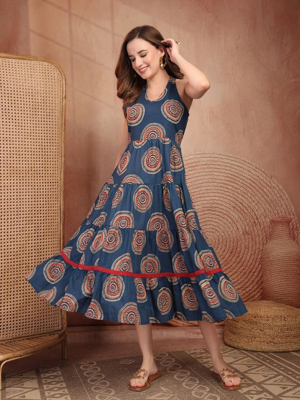 Geometric Printed Pure Cotton A-Line Ethnic Dress - Blue