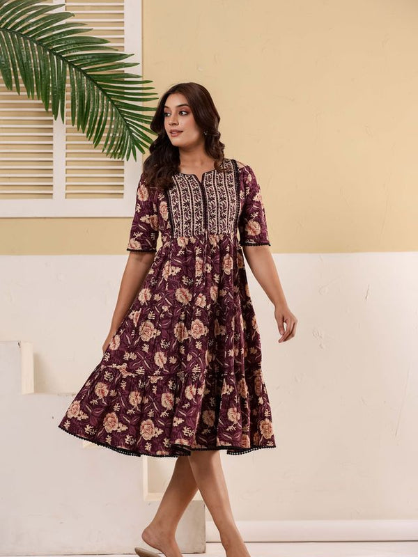 Floral Printed V-Neck Pure Cotton Fit & Flare Dress