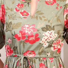 Floral Printed Pure Cotton Mandarin Collar Fit and Flare Dress