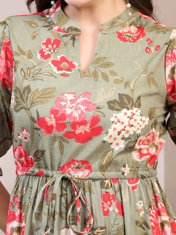 Floral Printed Pure Cotton Mandarin Collar Fit and Flare Dress